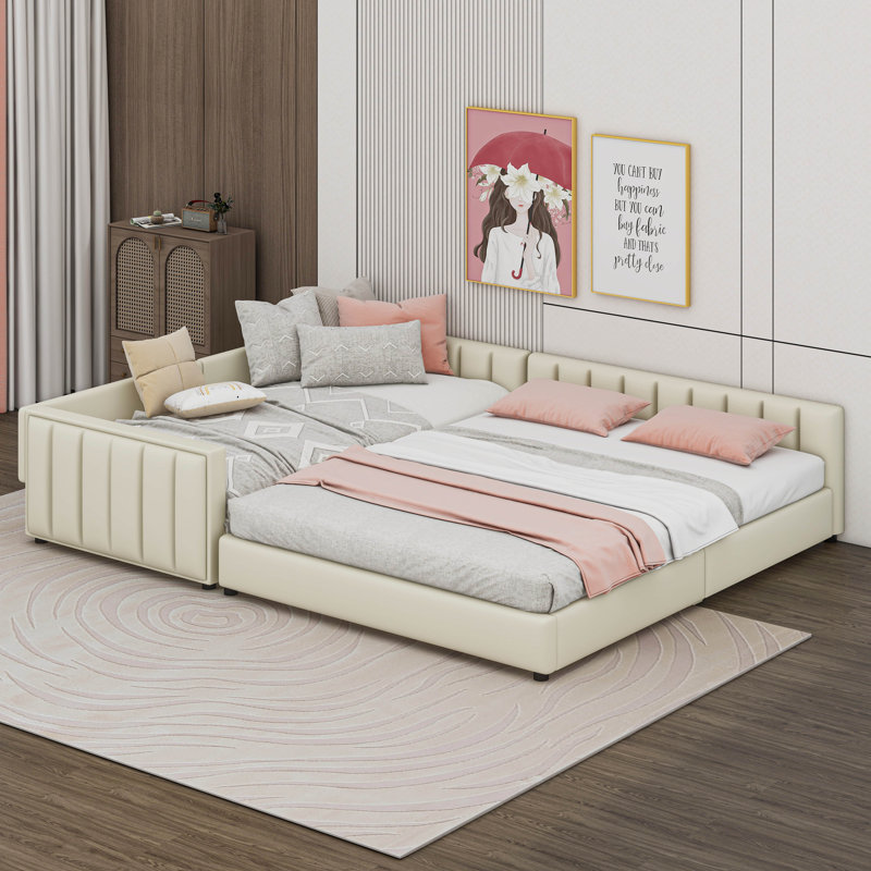 Amaliah Queen Upholstered Platform Bed with Twin Xl Daybed, Beige 