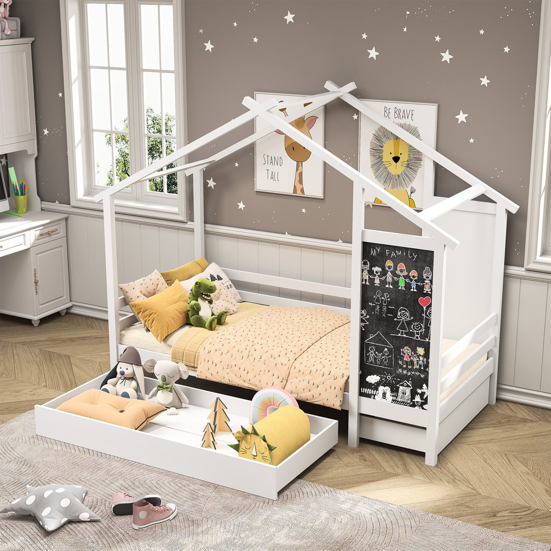 Kinderhausbett 90 X 200 Cm Mit 2 Schubladen Und Tafel