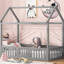 Lit simple en bois gris avec clôture et porte - Structure en pin robuste