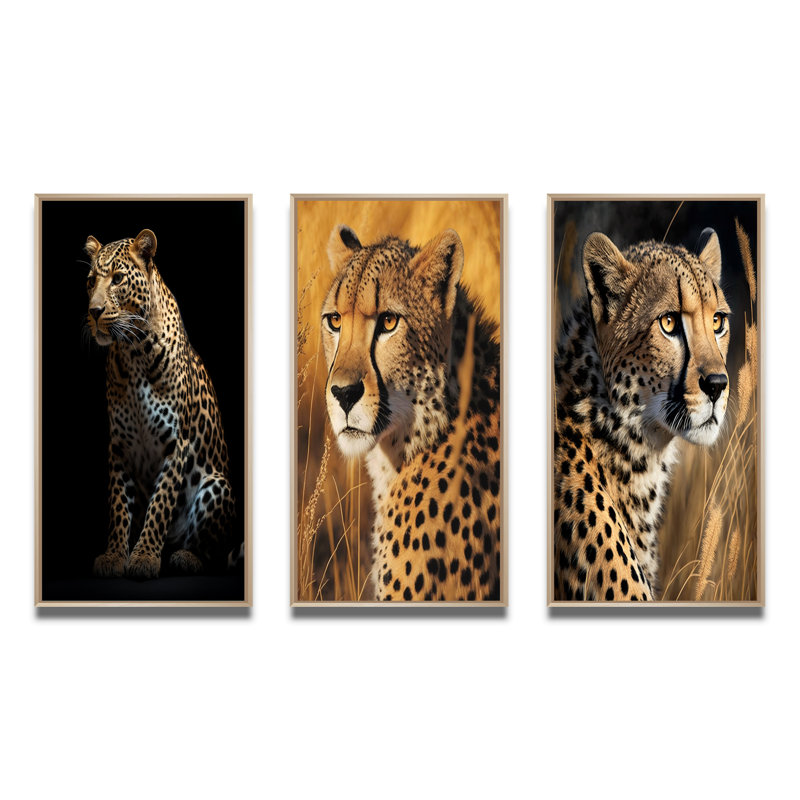 "Superbe portrait de léopard sauvage", 3 pièces sur toile, Cadre naturel flottant, H 28 po x l 36 po