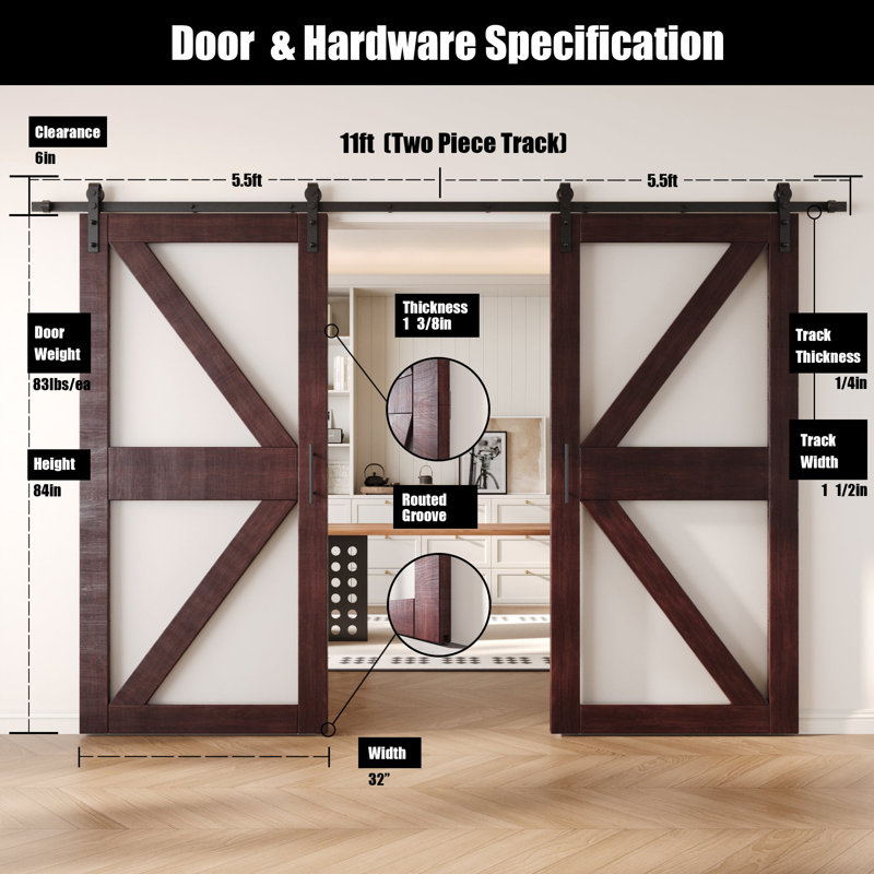 Portes de grange non assemblées et finies en verre avec motif à flèche double 32 po x 84 po Homacer, 32" X 84"