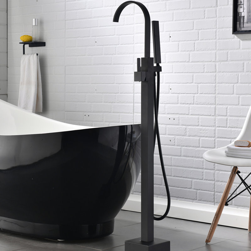 Curved Design Floor Mount Bathtub Faucet With Handheld Shower - Black Finish Ceramic Filler Tub And Modern Appearance, Black