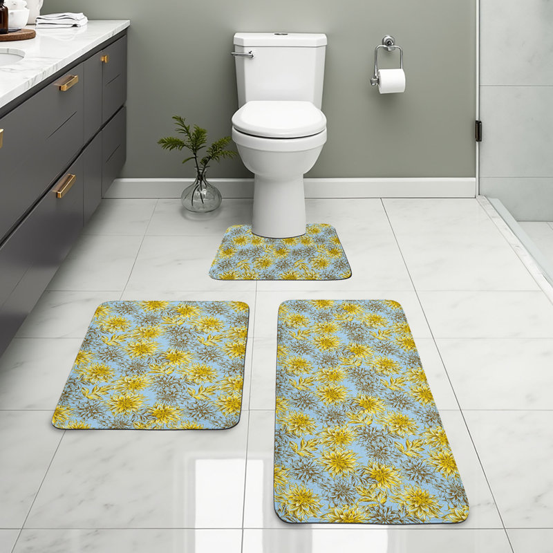  Ensemble de tapis de salle de bain floral 3 pièces en U et tapis rectangulaires bleu pâle / jaune