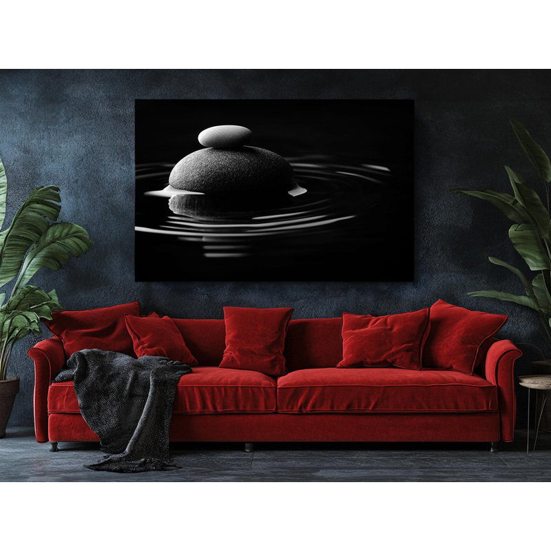 Reproduction d'art sur toile de haute qualité - petites roches minimalistes noires et blanches sur une flaque d'eau - Artisanat - cadeau - décoration murale, reproduction de peinture