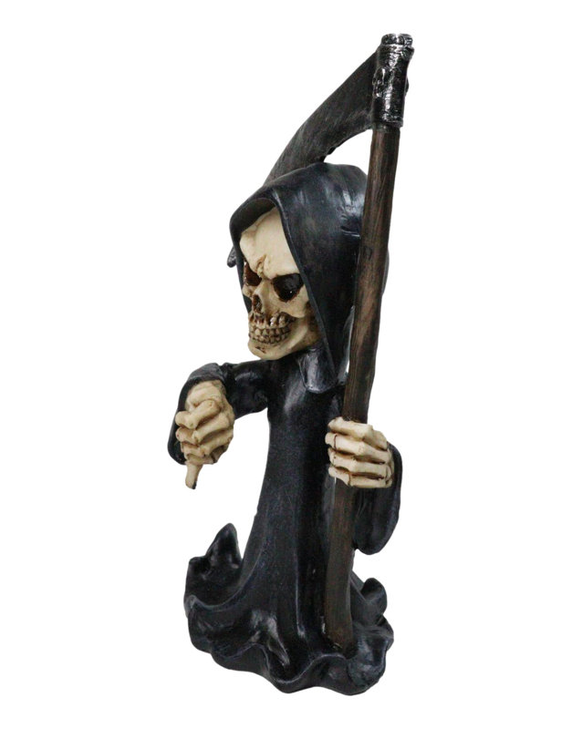 Figurine de la Faucheuse tenant une faux et faisant un geste de pouce vers le bas, squelette gothique