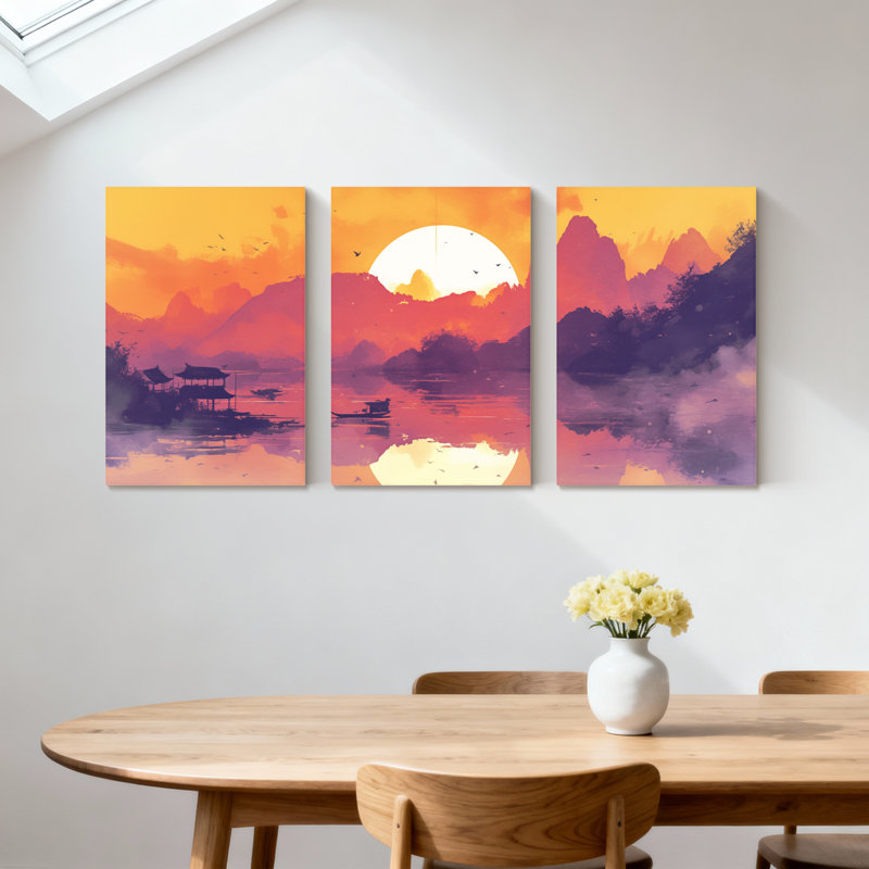«Landscape & Nature Sunset Mountains Lake Reflections Birds Sky Colors Water», ensemble de 3 impressions sur toile