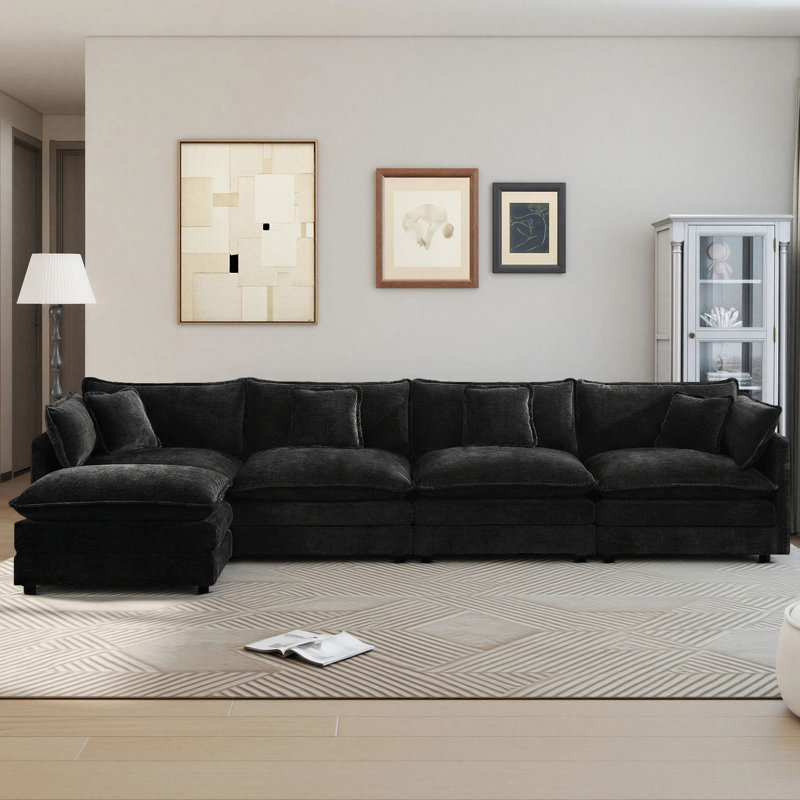 Clitheroe 5-Seaters 146.6" Modular L-Shaped Chenille Upholstered Sectional Sofa, with Movable Ottoman, Black Chenille