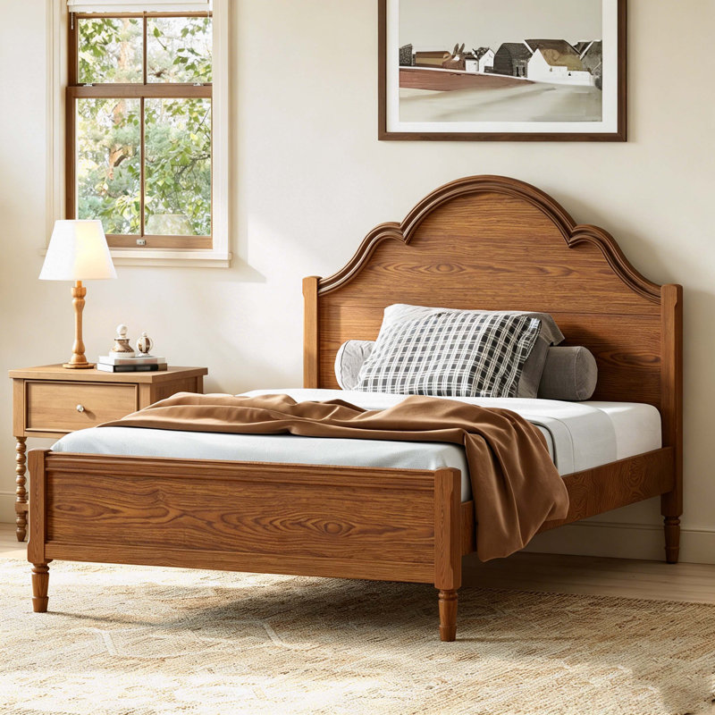 Lit plateforme double en bois avec tête de lit et pied de lit, noyer, Noyer, Lit double