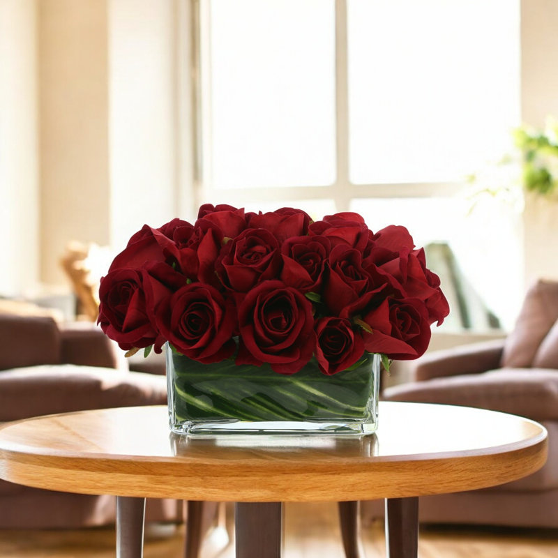 Rose Arrangement In Glass Vase, Red