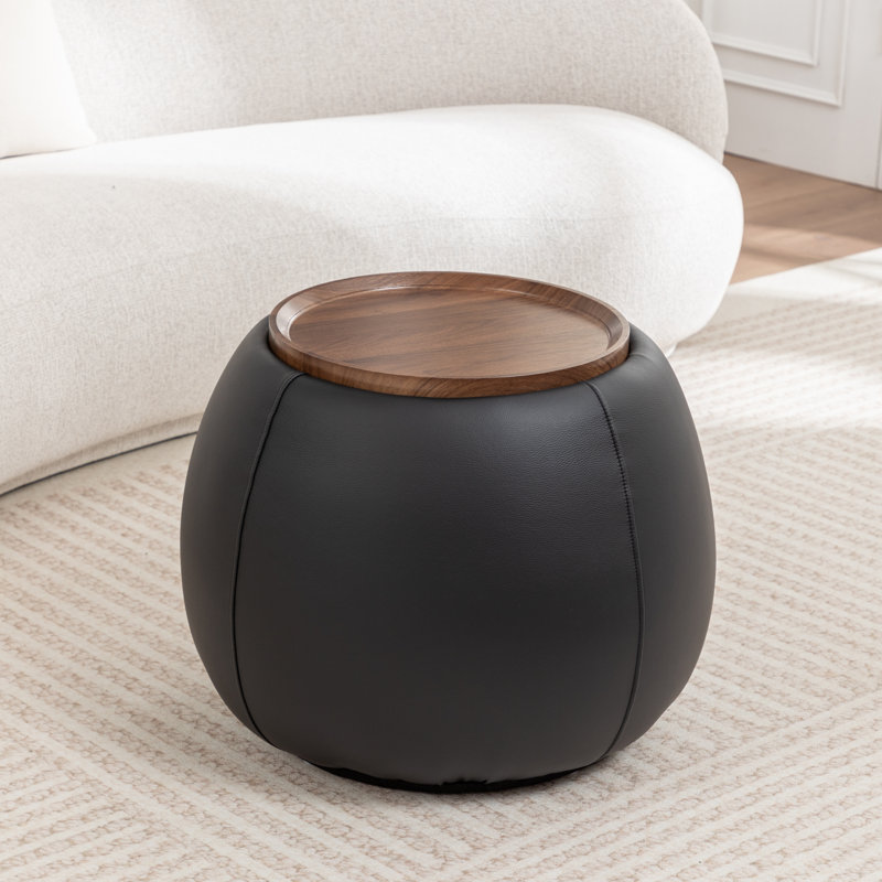 Pietsch Upholstered Round Storage Ottoman With Wooden Tray, Black