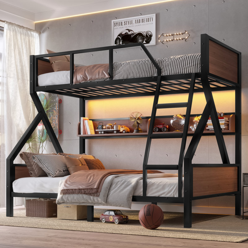 Twin over Full Bunk Bed, Metal Bunk Bed with LED Lights, Built-in Storage Shelves, Space-Saving, Quiet & Sturdy, Black