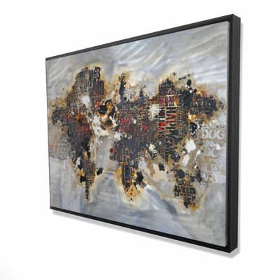 Texturized World Map with Typography - Modern Red Framed Canvas