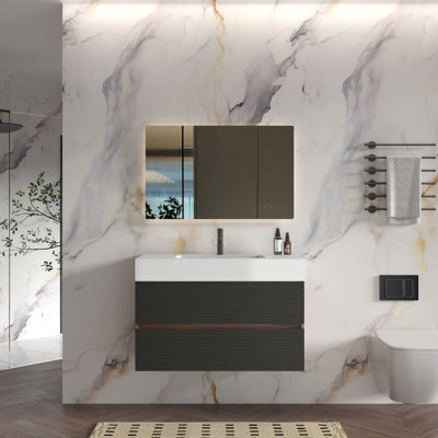 Meuble-lavabo mural avec surface solide et 2 tiroirs à fermeture en douceur