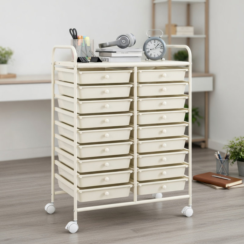  Chariot de rangement roulant 20 tiroirs avec roulettes verrouillables, structure en acier et tiroirs en plastique, organisateur de studio pour la maison, le bureau, le garage et la salle de classe, beige
