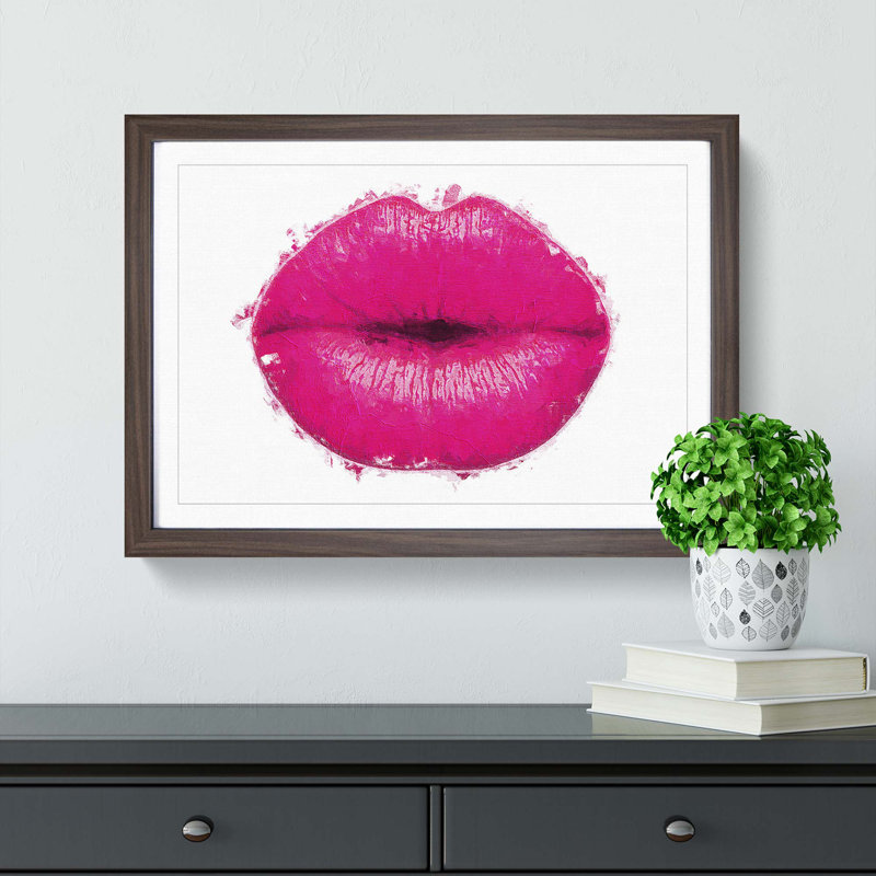 Hot Pink Lips in Abstract - Picture Frame Painting Print, 62cm H x 87cm W x 2cm D, Walnut Framed