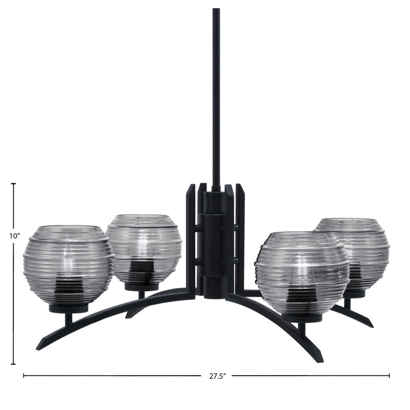 Lustre 4 lumières kurve illustré en finition noir mat avec verre nervuré de 6 po, Fumée
