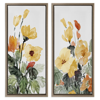 «Yellow Spring Flowers», ensemble de 2 toiles flottantes encadrées à grain brun par Lanie Loreth