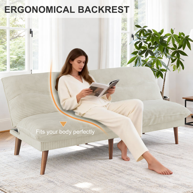 Deyra 75'' Corduroy Sofa Futon Couch with 4 in 1 Multi-Functional Adjustable Backrest Loveseat for Living Room, Beige 