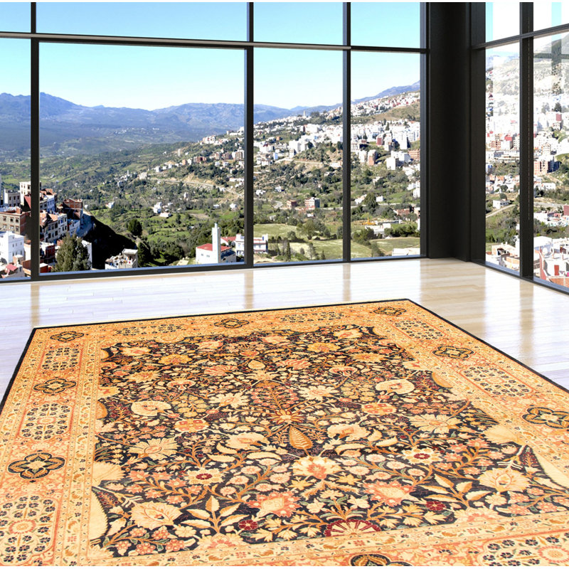 Tapis décoratif en laine noué à la main de conception unique en laine 18/20 bleu marine 8 pi 1 po x 10 pi noué à la main new age