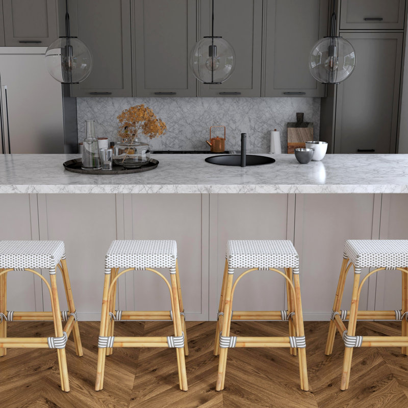 Lennart Counter/Bar Stool, Bar Stool (30" Seat Height), White/Gray Dot / Natural Rattan Frame