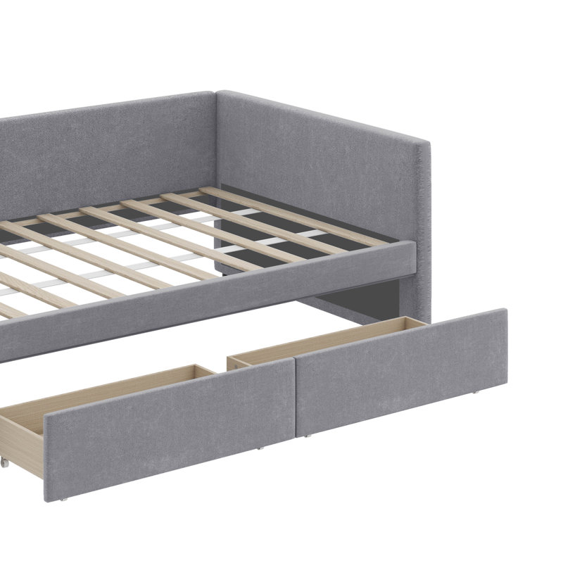 Lit plateforme simple en forme de L en peluche avec tiroirs de rangement, Gris