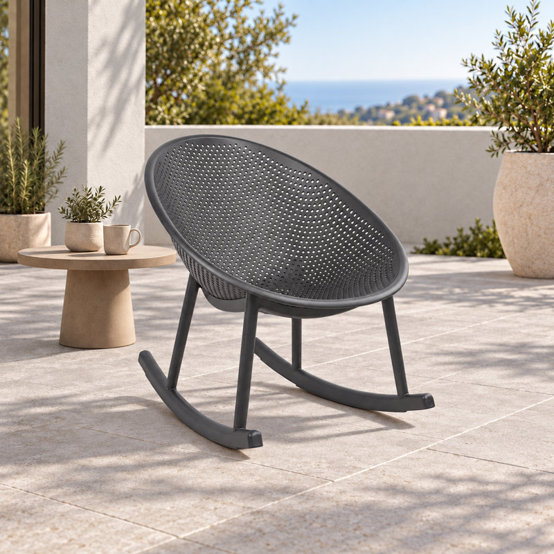 Chaises berçantes contemporaines de style transitionnel pour patio, chaises berçantes en forme d'œuf et chaises d'extérieur d'intérieur en plastique toutes saisons avec design perforé respirant pour patio, balcon, véranda et bord de piscine, gris