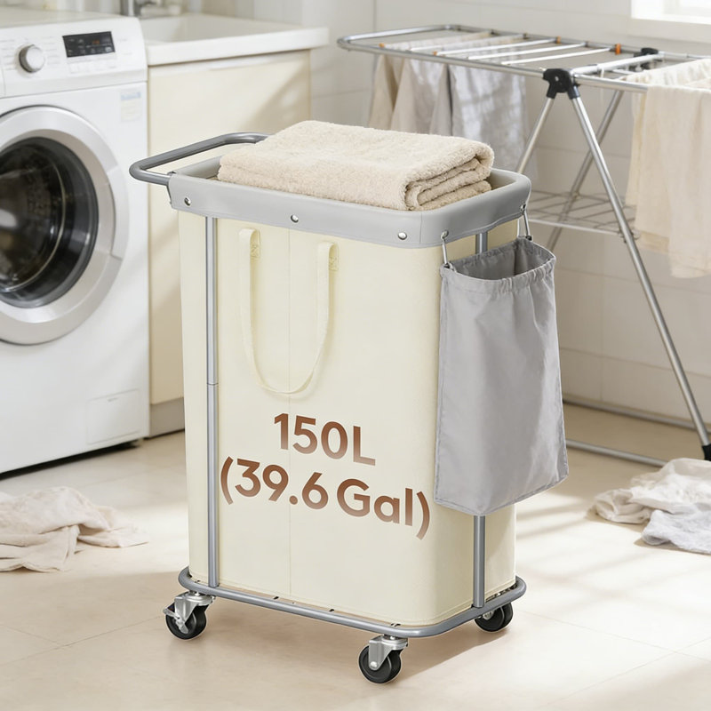 Grand panier à linge roulant avec roulettes, organisateur de panier à linge à 2 sections avec sacs amovibles et cadre en acier, chariot à linge robuste pour la maison