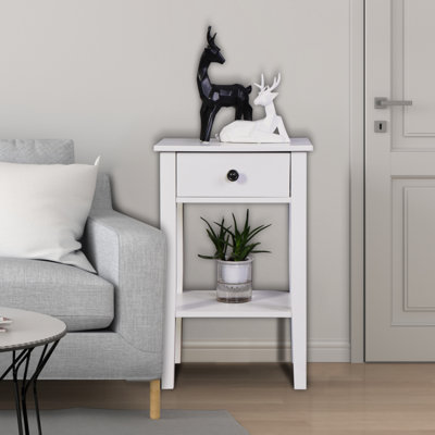Table de rangement blanche sur pied avec table de chevet et table de chevet blanche