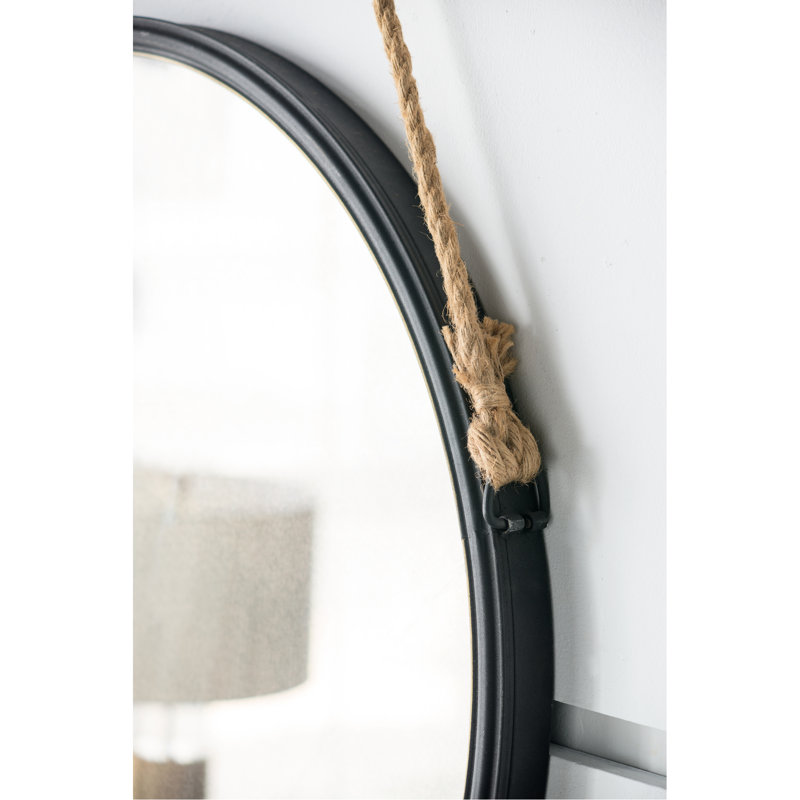 Miroir rond suspendu de 29,5 po avec cadre noir et corde résistante fiable pour la salle de bain, 28,68 po x 29,38 po