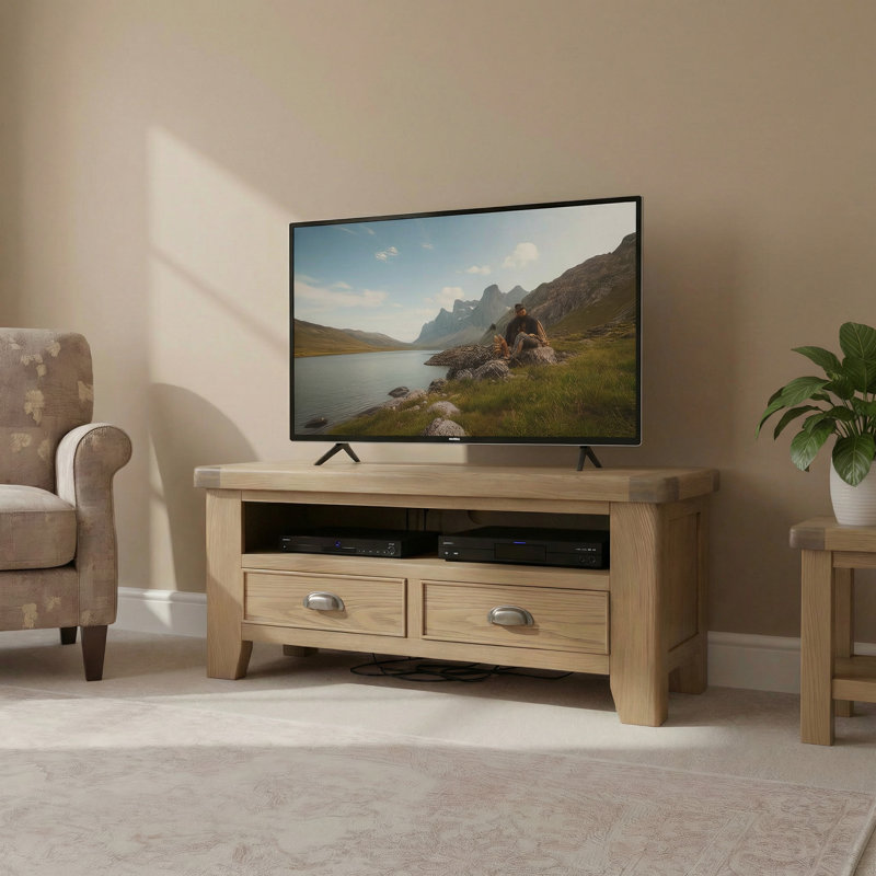 Gwenaelle Fully Assembled Solid Wood with Oak Veneer 2 Drawer TV Stand Storage Unit