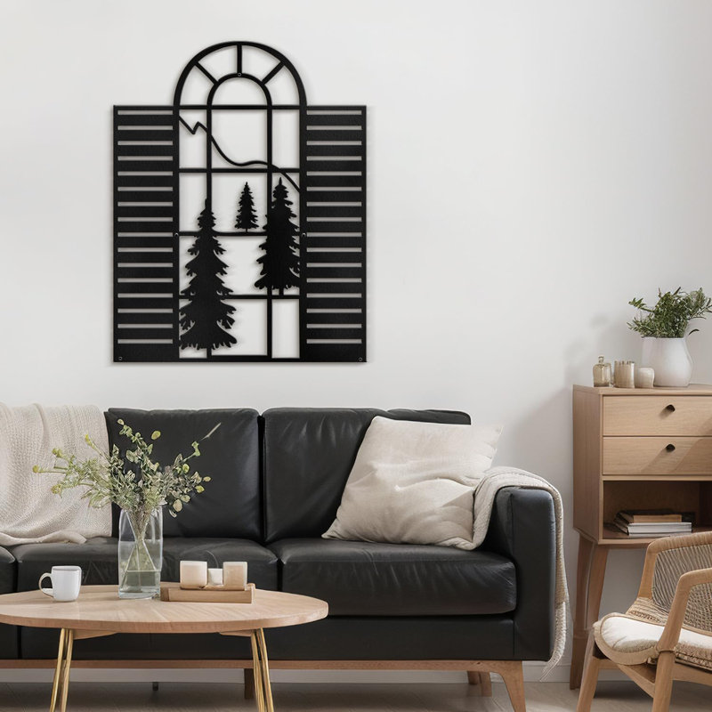Pine Trees Window Shutter Modern Abstract Wall Accent Sculpture Hanging Decoration Metal Wall Decor, Blck