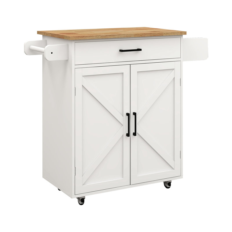 Kitchen Island Cart With Adjustable Shelves, Towel Rack & Seasoning - White Rolling