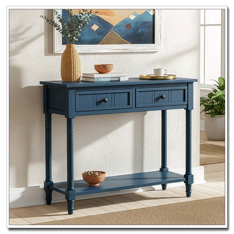 Console avec deux tiroirs et tablette inférieure, Bleu marine foncé