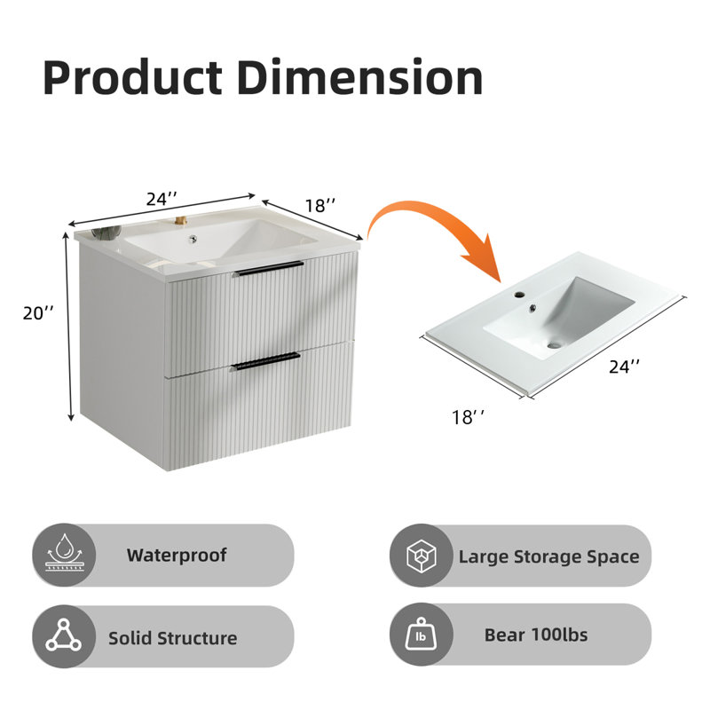 Meuble-lavabo 24 po avec lavabo en céramique, Noir mat, 24"