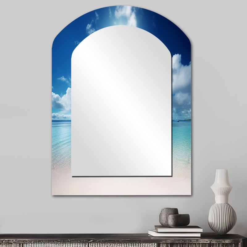 Morandiere Sand and Blue Caribbean Sea II - Beach Arch Unique, miroir asymétrique bleu, impression sur métal, 34 po x 25 po
