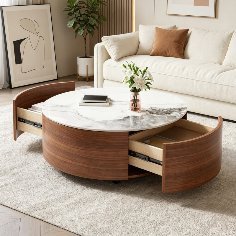 Table basse ronde mobile avec roulettes et 2 tiroirs, Walnut