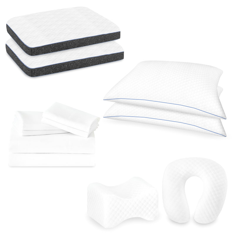 Ensemble de 12 literies pour lit double. Améliorez votre sommeil avec le luxe. Comprend 2 oreillers en mousse à mémoire de forme à gousset de taille grand, un oreiller de genou idéal pour le contour, un traversin moulé polyvalent et 6 coussins en coton 300Tc