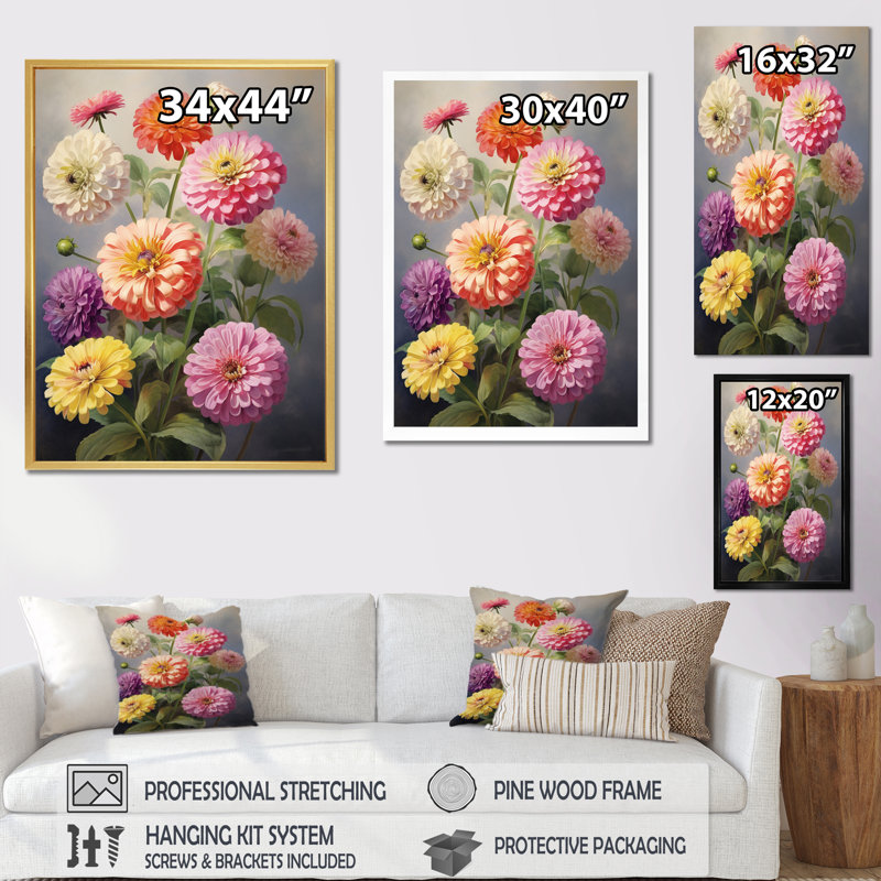 "Colorful Zinnias", impression romantique sur toile encadrée, H 20 po x l 12 po x P 1 po, Cadre flottant doré