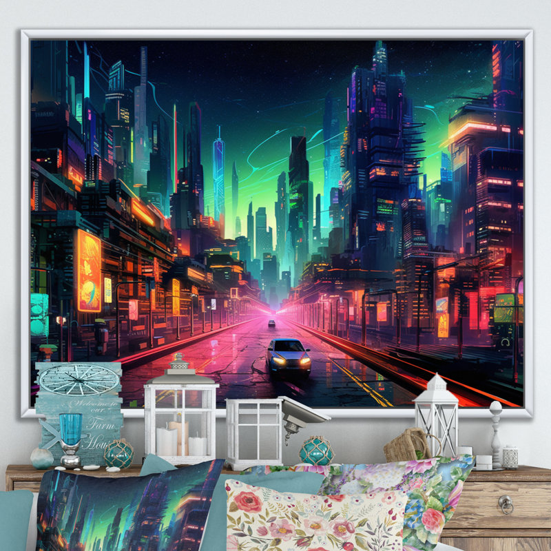 "Berlin Neon Cityscape I", reproduction d'art sur toile, H 34 po x l 44 po x P 1,5 po, Cadre flottant blanc