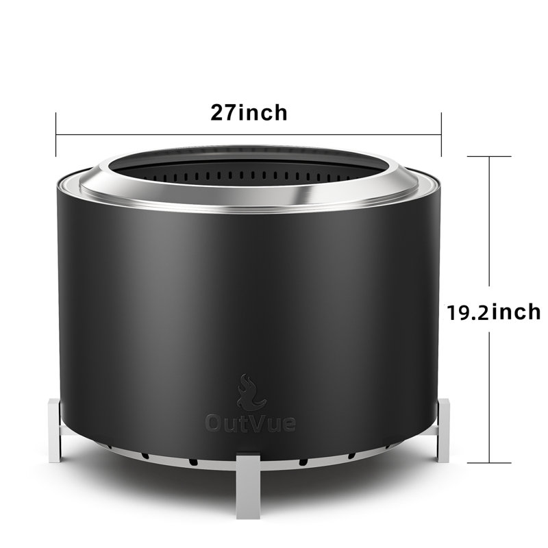 Foyer en acier inoxydable sans fumée avec sac, foyer au bois portatif à faible fumée, H 21,5 po x l 27 po x P 27 po, Noir