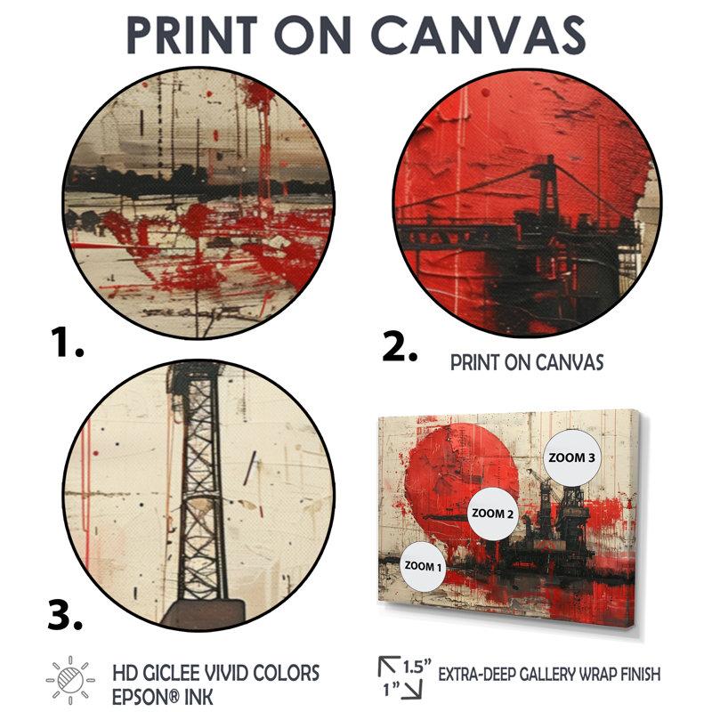 Impression d'art mural rouge noir et pétrochimie, Toile avec cadre flottant or, H 28 po x l 60 po x P 1,5 po