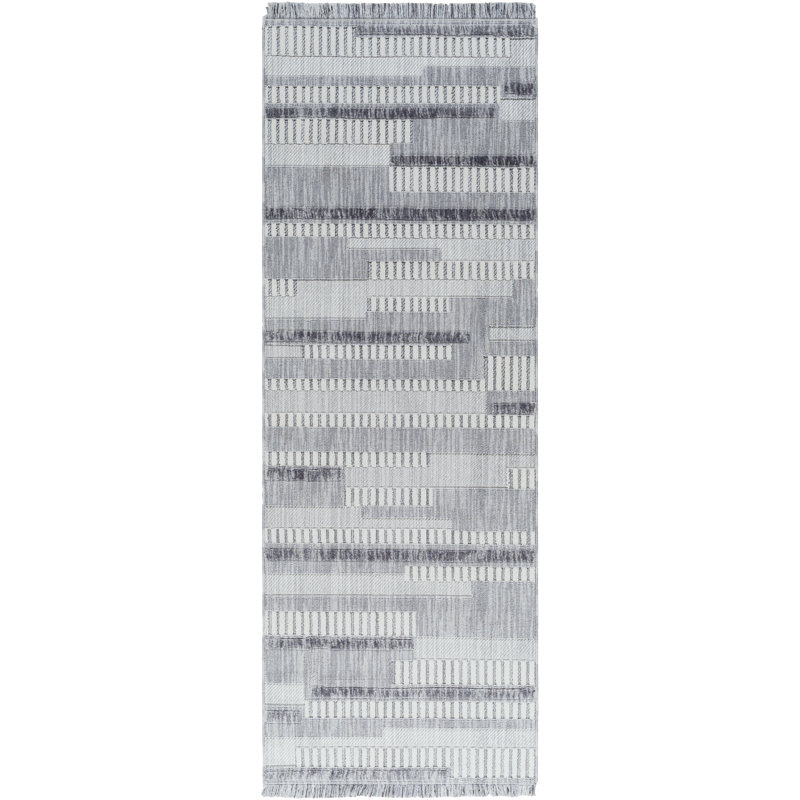 Tapis abstrait en polyester tissé à la machine en gris / ardoise / ivoire, Rectangle 6 pi 7 po x 9 pi
