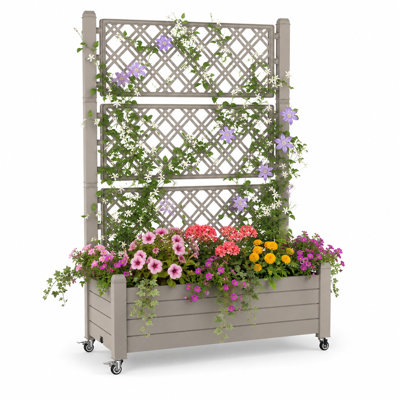 Lit de jardin surélevé surélevé avec treillis, jardinière en résine avec roues verrouillables, moniteur d'eau et système de drainage pour balcon, patio et jardin