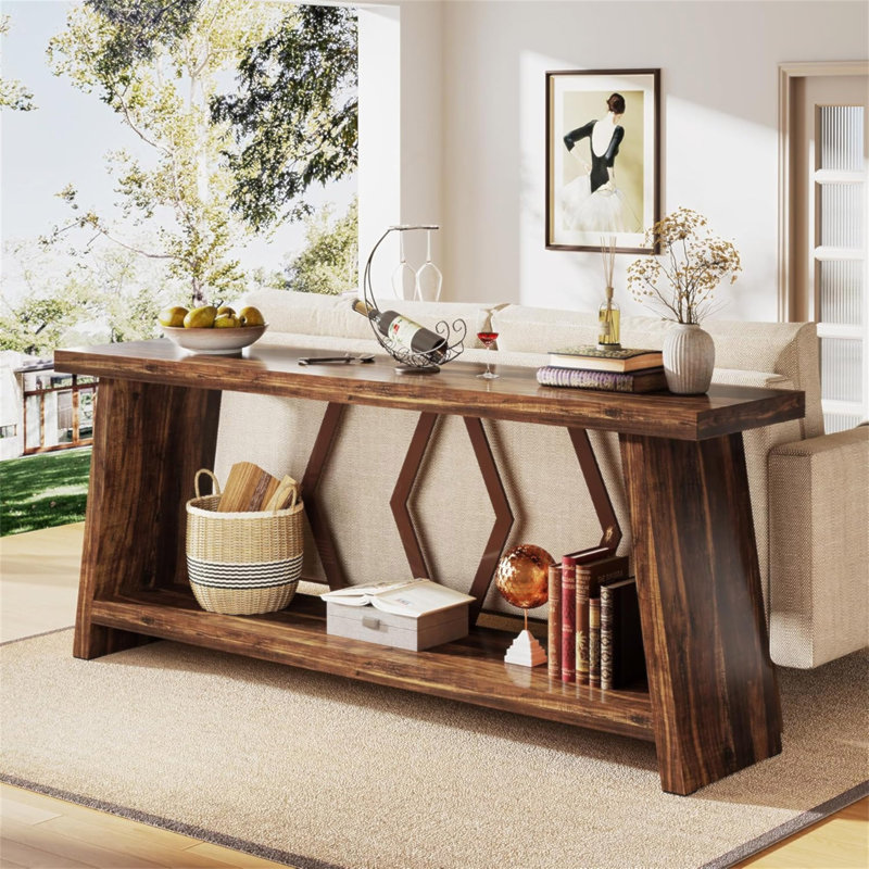 70.9" Extra Long Farmhouse Console Table, 2-Tier Narrow Entryway Sofa Table With Storage Shelves, Rustic Industrial Accent Table For Living Room, Hallway, Foyer, Behind Couch – Brown Finish