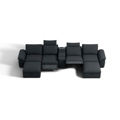 6-seater Oversized Modular Power Recliner Sofa With Headrest Deep Cloud Couch With Table Charging Cup Holders Convertible U-shaped Sectional With 2 Storage Ottomans