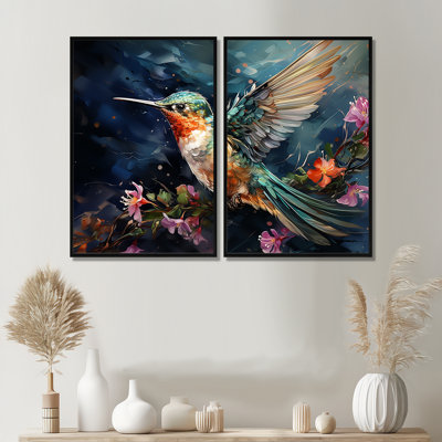 «Green Fluttering Emerald Hummingbird Blooms I», art mural sur toile surdimensionné 2 pièces