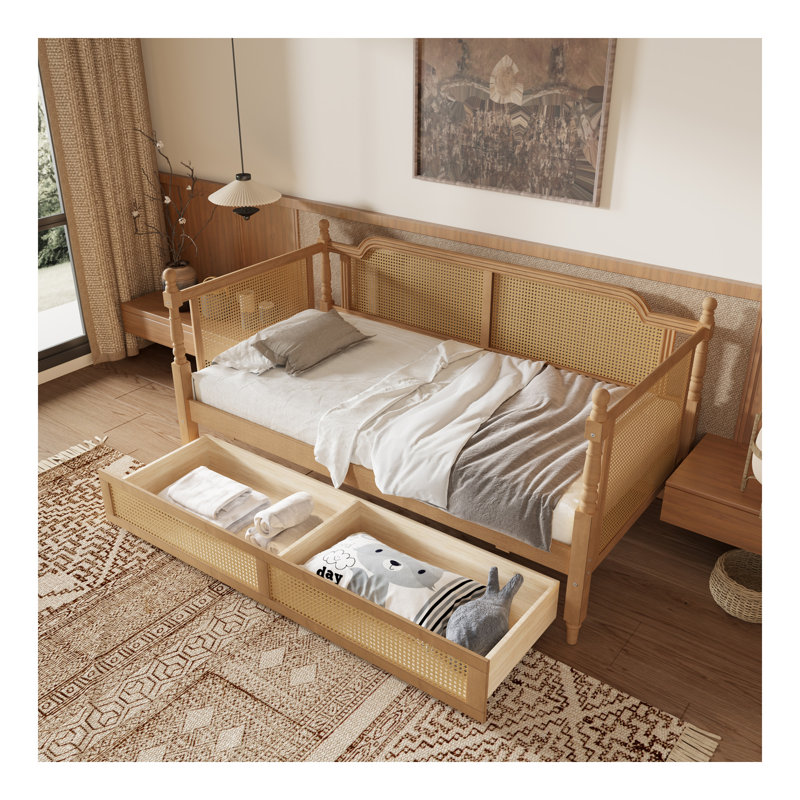 Lit de jour en rotin de style traditionnel avec 2 tiroirs pour un espace limité, chambre d'amis, aucun sommier nécessaire, noyer antique