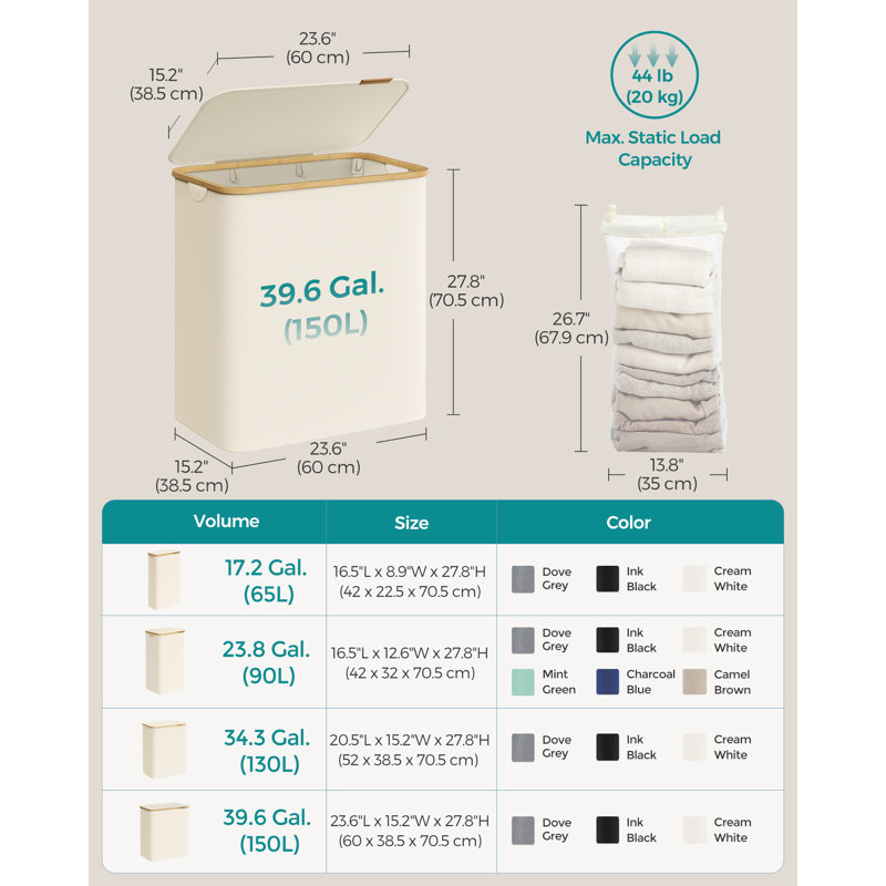 Laundry Hamper with Handles, Cream White, 60x38.5x70.5cm