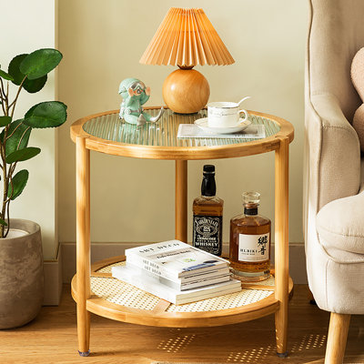 2-Tier Round End Table, Vintage Bamboo & Glass Side Table with Storage, 21" Diameter