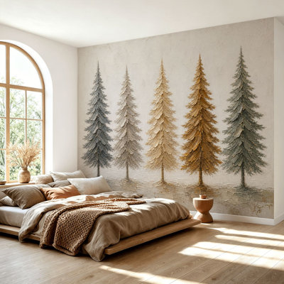 Wall Mural Peel and Stick Wallpaper Five Evergreen Pine Trees Neutral Impasto Painting Gray Beige Golden Self-Adhesive Removable Contact Paper Wall Decor for Living Room Bedroom 69"H x 96"W